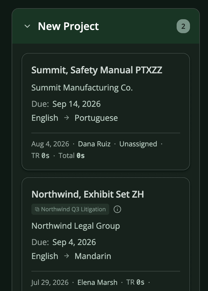 A translations board column titled New Project, holding two jobs with their client, due date, and language pair