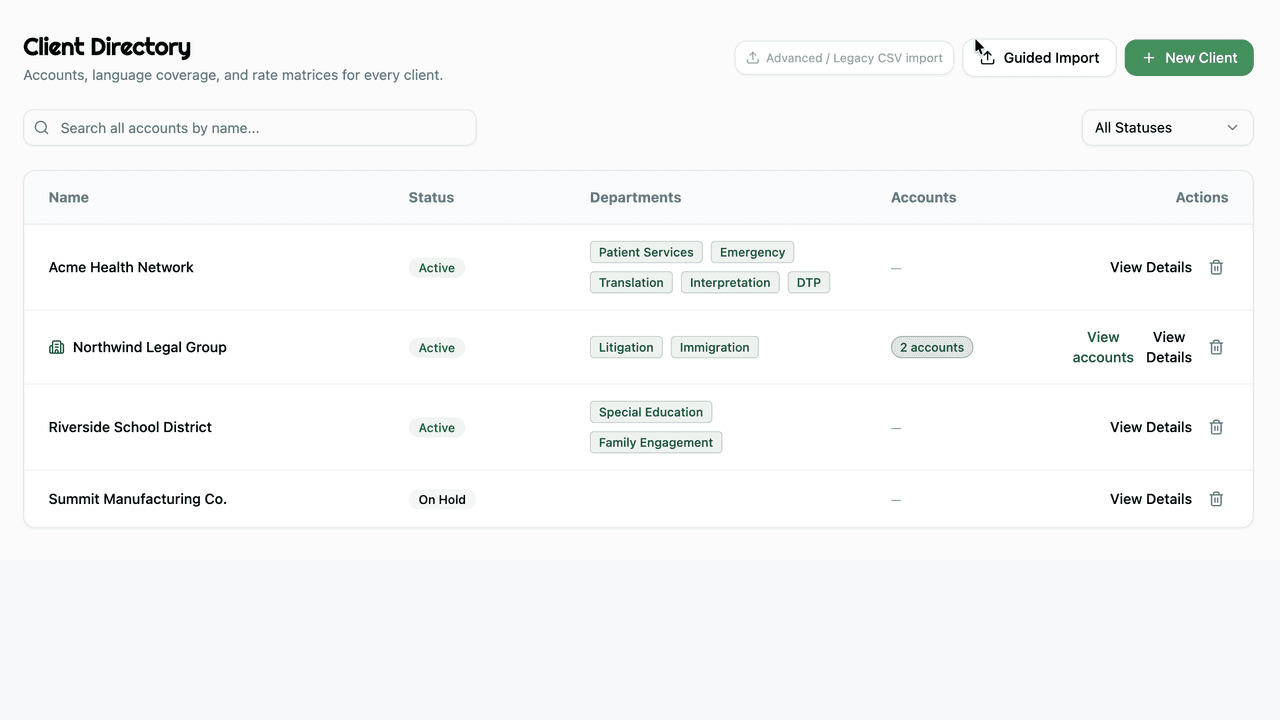 The client directory loading in, each account row arriving with its status, departments, and linked sub accounts