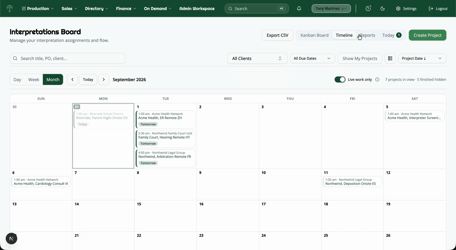 The interpretations board month calendar with its appointments; one is opened and the view scrolls down its details: stage, dates, client rates, languages, duration, vendor assignment, and the financial summary of revenue, cost, and margin