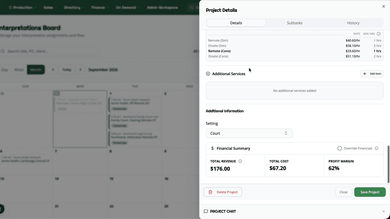 An interpretation appointment open over the month calendar: the vendor rate rows arrive, then the financial summary counts up its total revenue, total cost, and profit margin