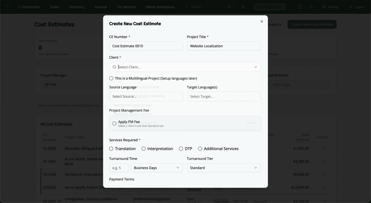 The create cost estimate dialog: a client is picked, their saved rates appear on their own, and services and turnaround are chosen